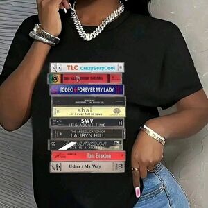 Trendy Black Graphic Tee with Music Theme